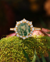 AENYA Round Moss Agate Floral Halo Engagement Ring